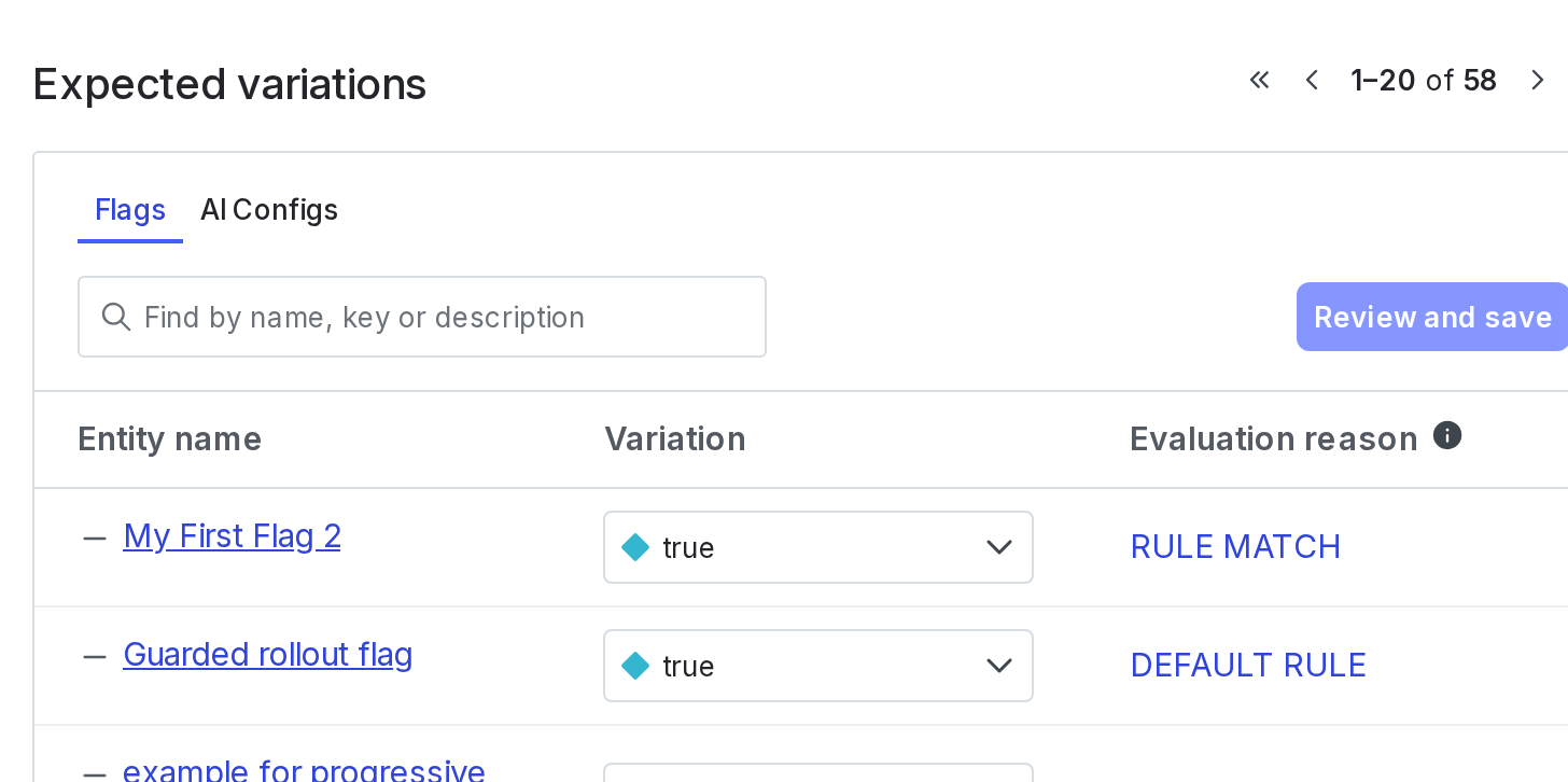 The "Expected variations" on the details page for a context.