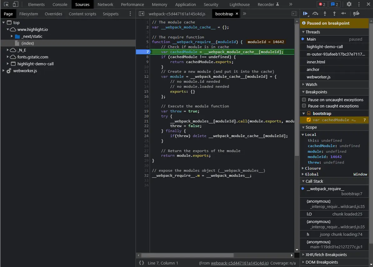 Chrome Dev Tools debugger using public source maps to link errors to original code.