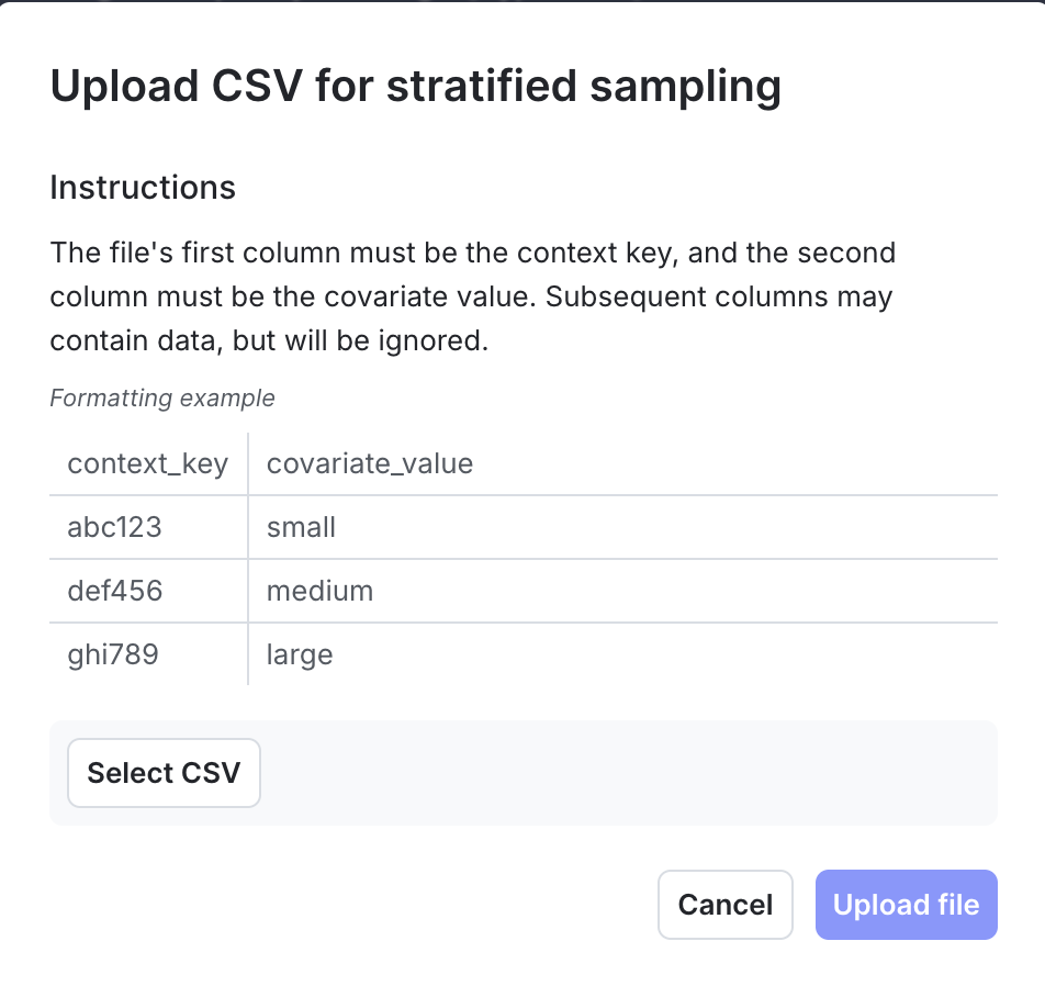 The "Upload CSV for stratified sampling" dialog.