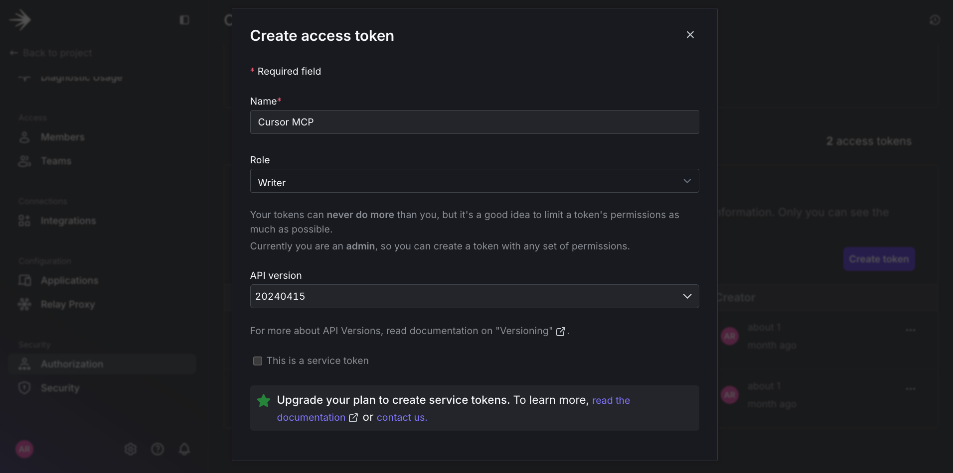 Image of grabbing access token with write access from LaunchDarkly.