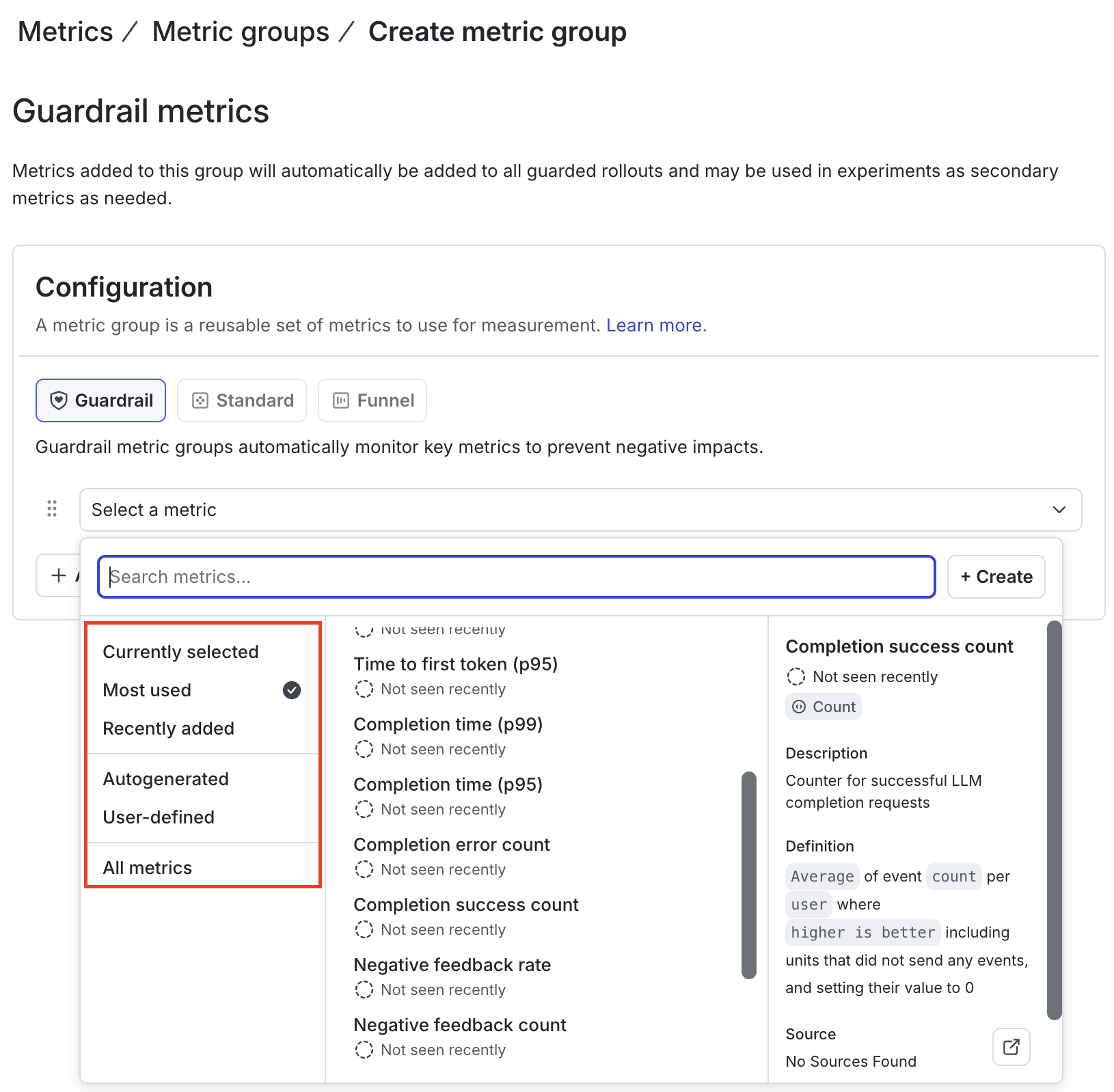 Most used project metrics displayed after clicking "Select a metric" on the Guardrail metrics page.
