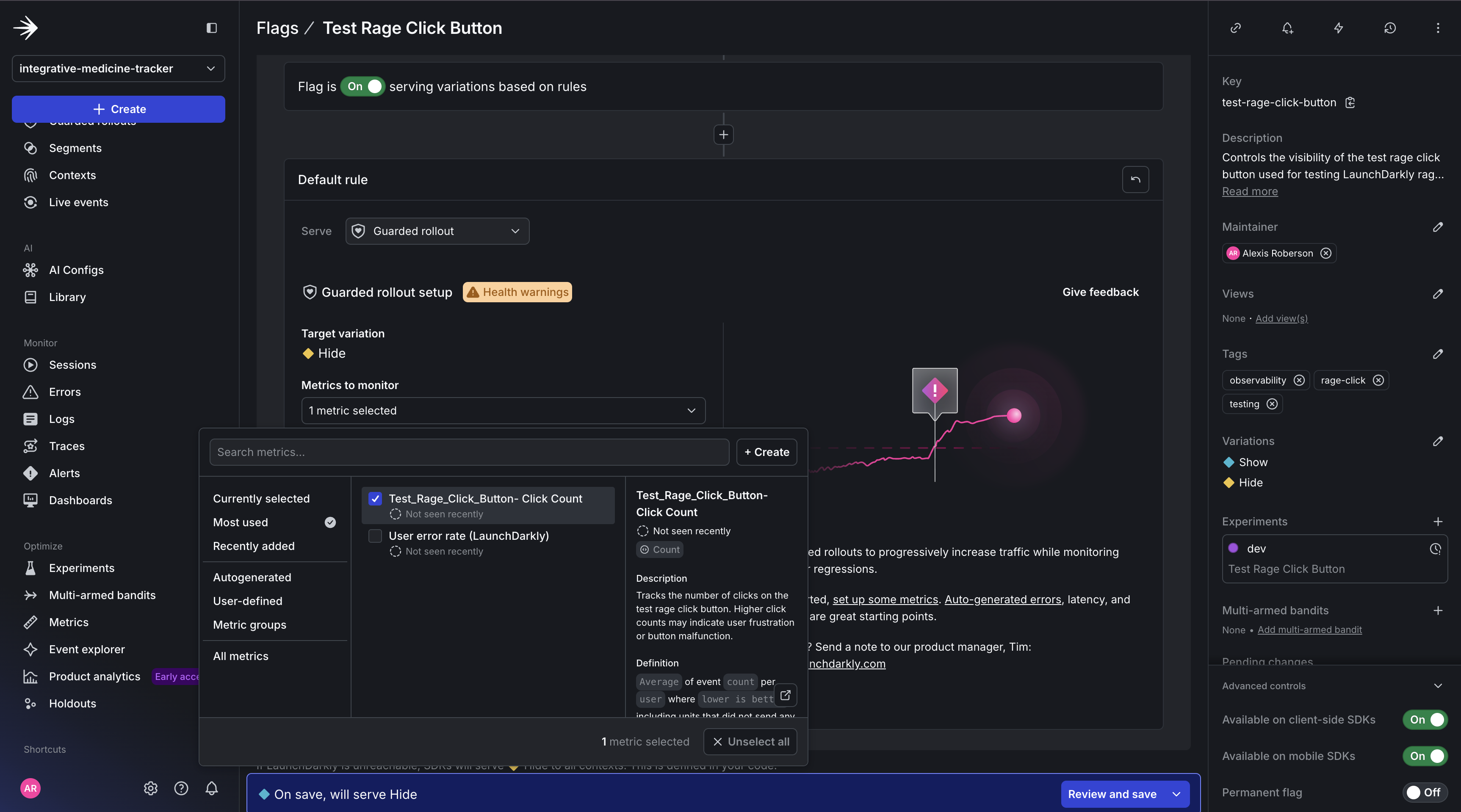 Image of assigning newly created custom metric for Guarded rollout.