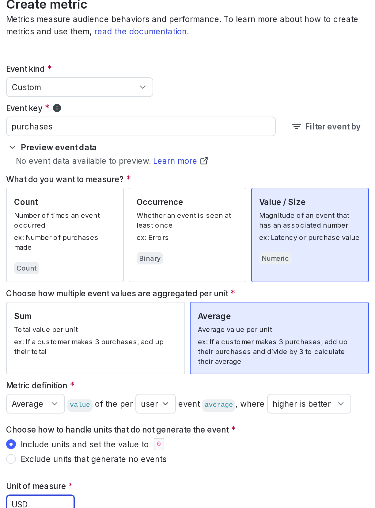 The metric creation dialog.