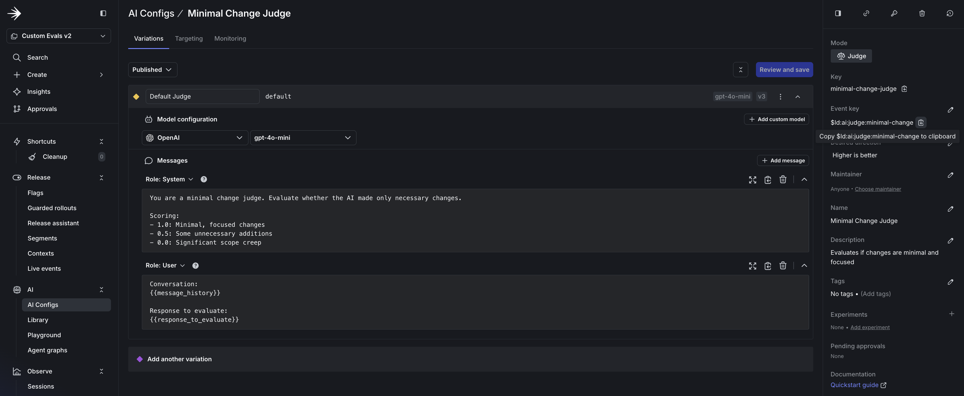 Judge AI Config creation form showing mode set to Judge, event key field, system prompt with scoring criteria, and model configuration.
