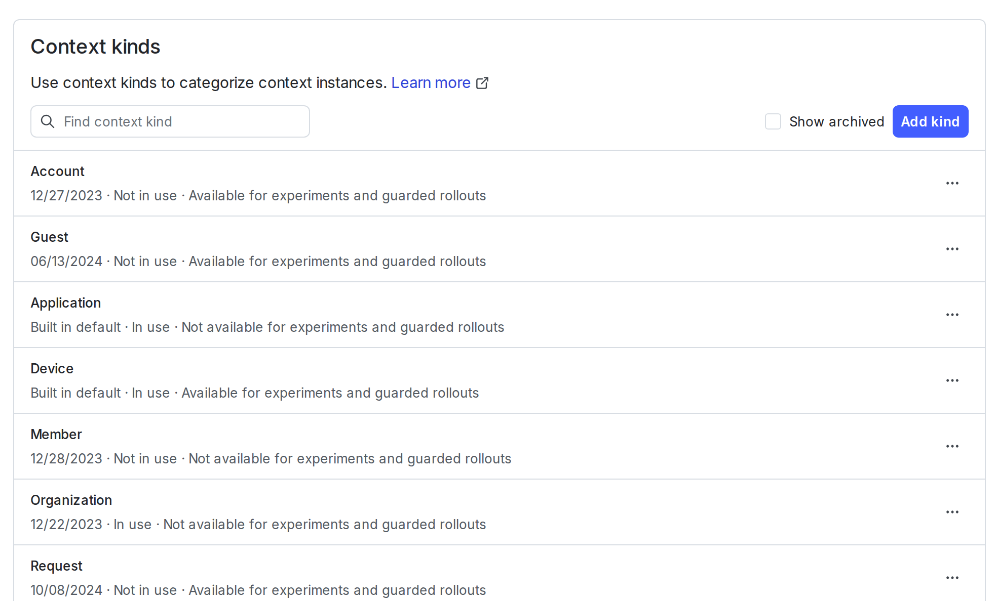 The context kinds list.