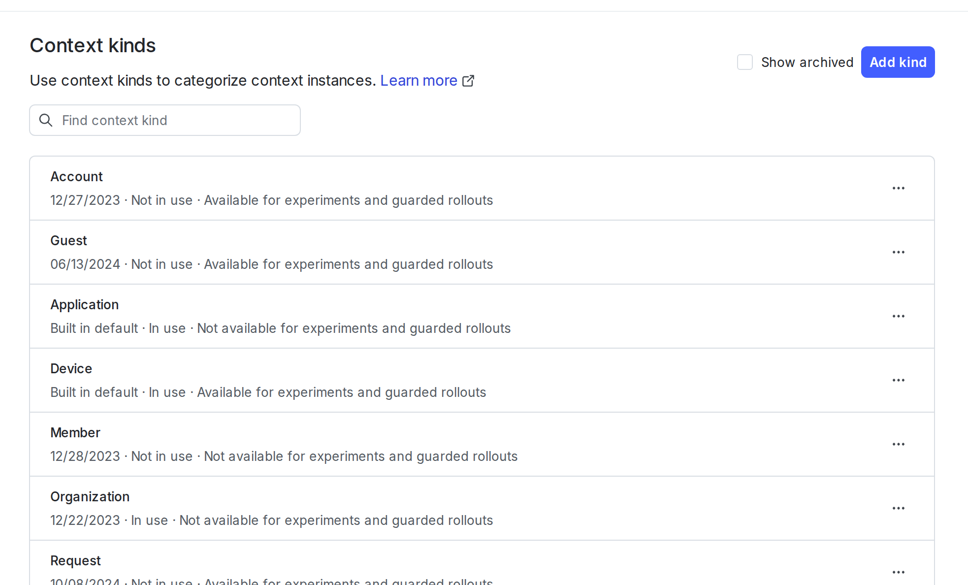 The context kinds list.