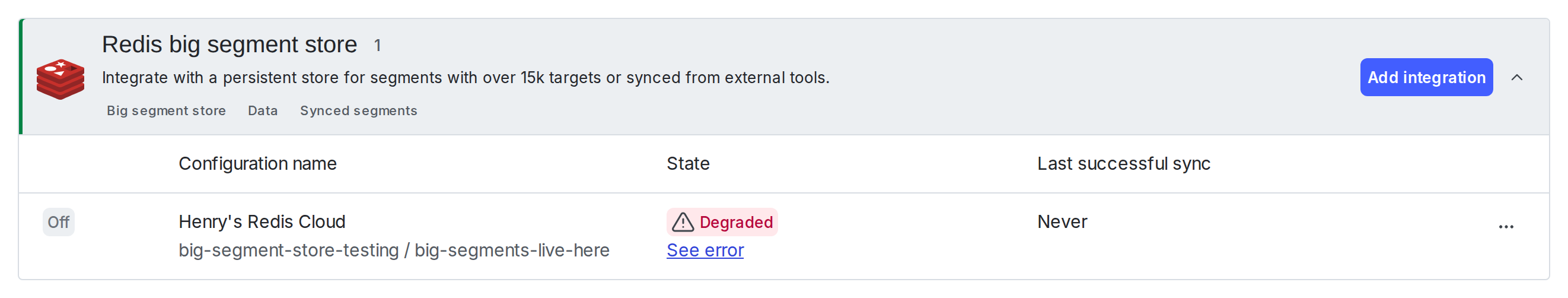 The configuration for a Redis persistent store integration.