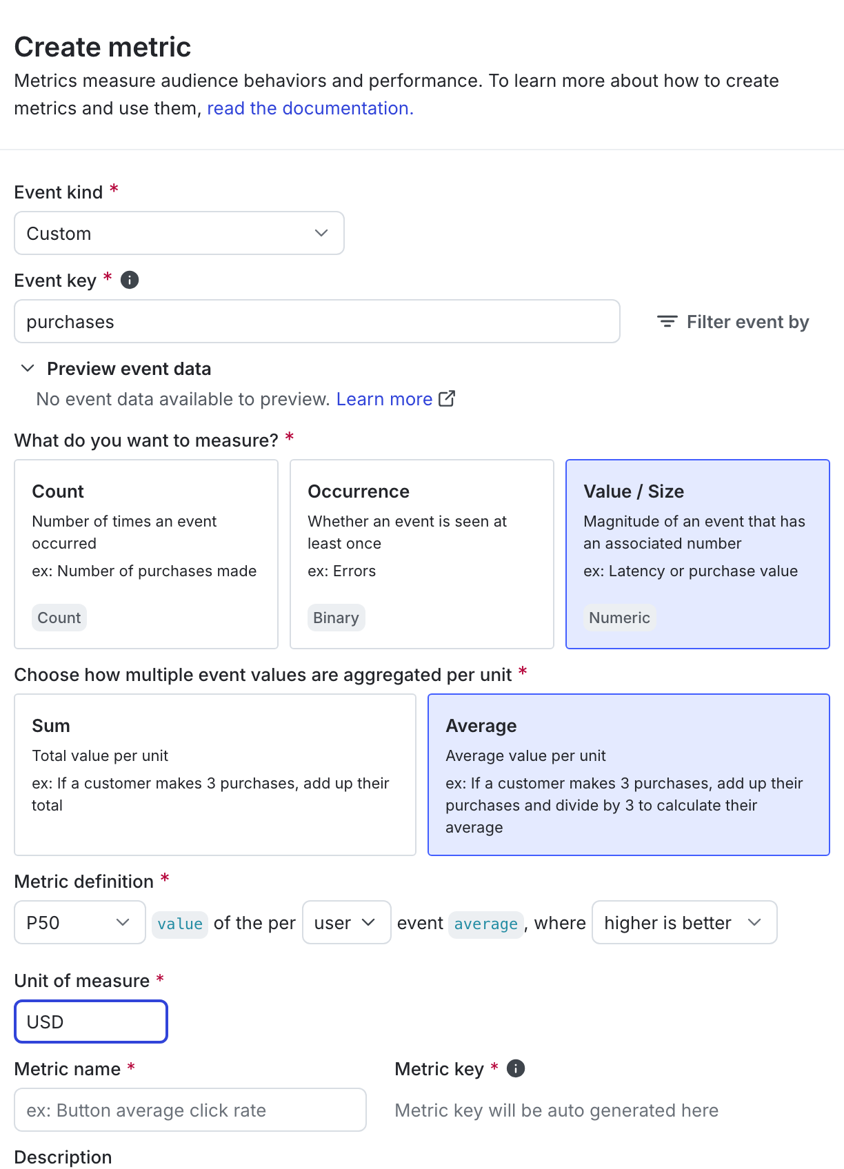 The metric creation dialog.