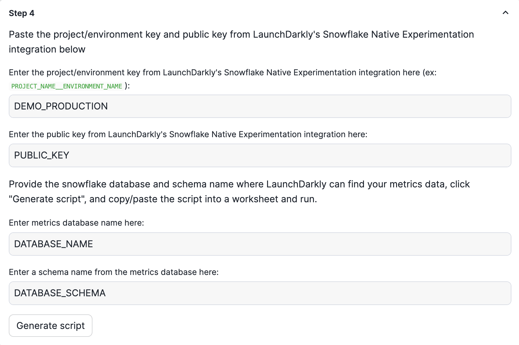 Step 4 in the Warehouse Native Experimentation App setup process within Snowflake.