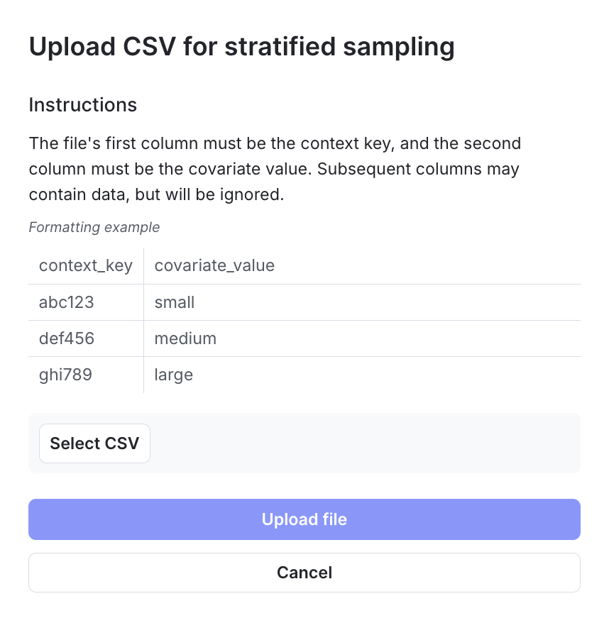 The "Upload CSV for stratified sampling" dialog.