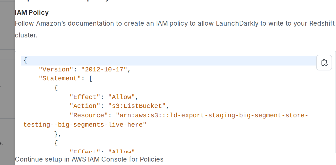 The "IAM role" section of the LaunchDarkly integration panel.