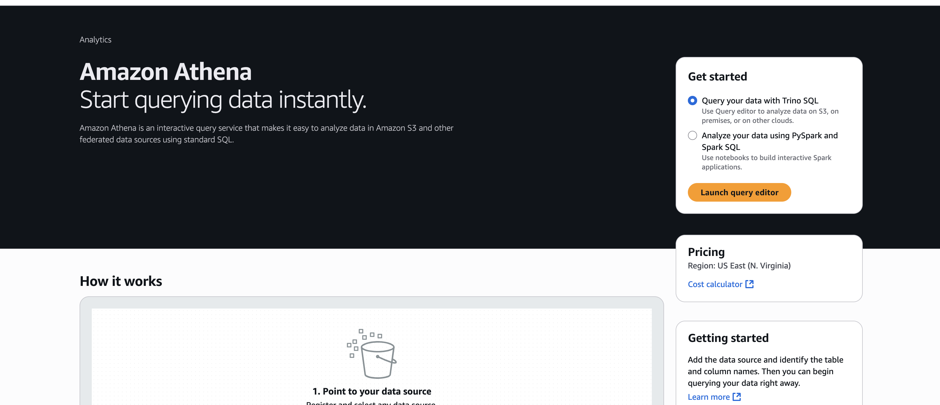 Screenshot of AWS Athena login page that promises 'start querying data instantly.' Seems like that should require at least casting a spell.