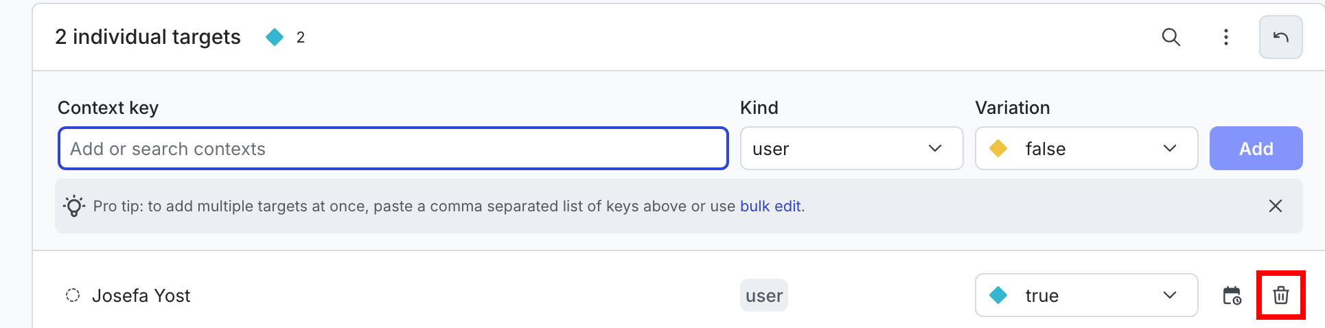An individually targeted user context with the trash icon called out.