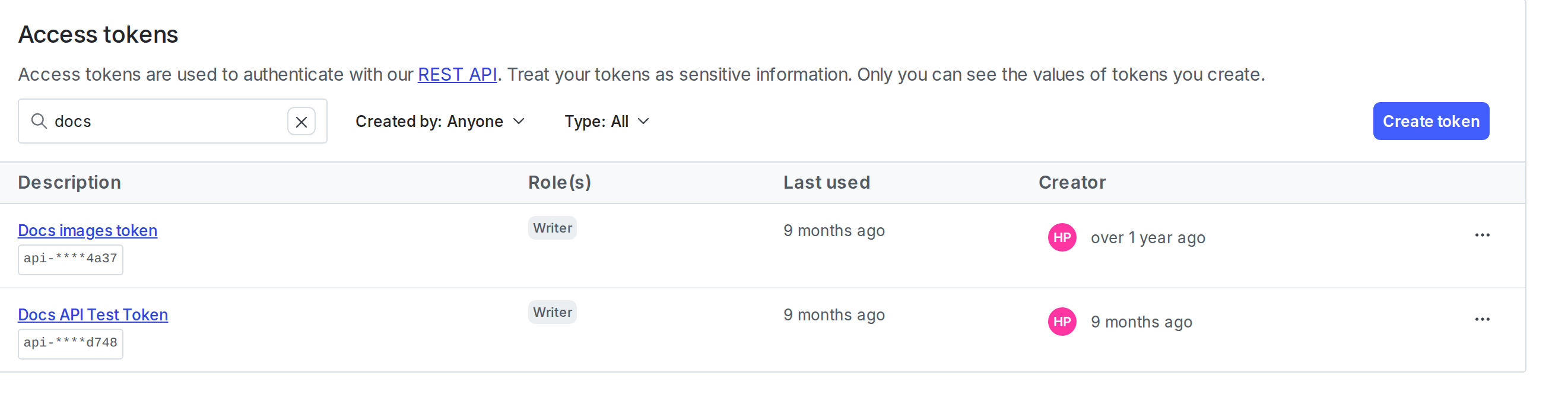 A new access token and its overflow menu, including the "Clone token" and "Delete token" options.