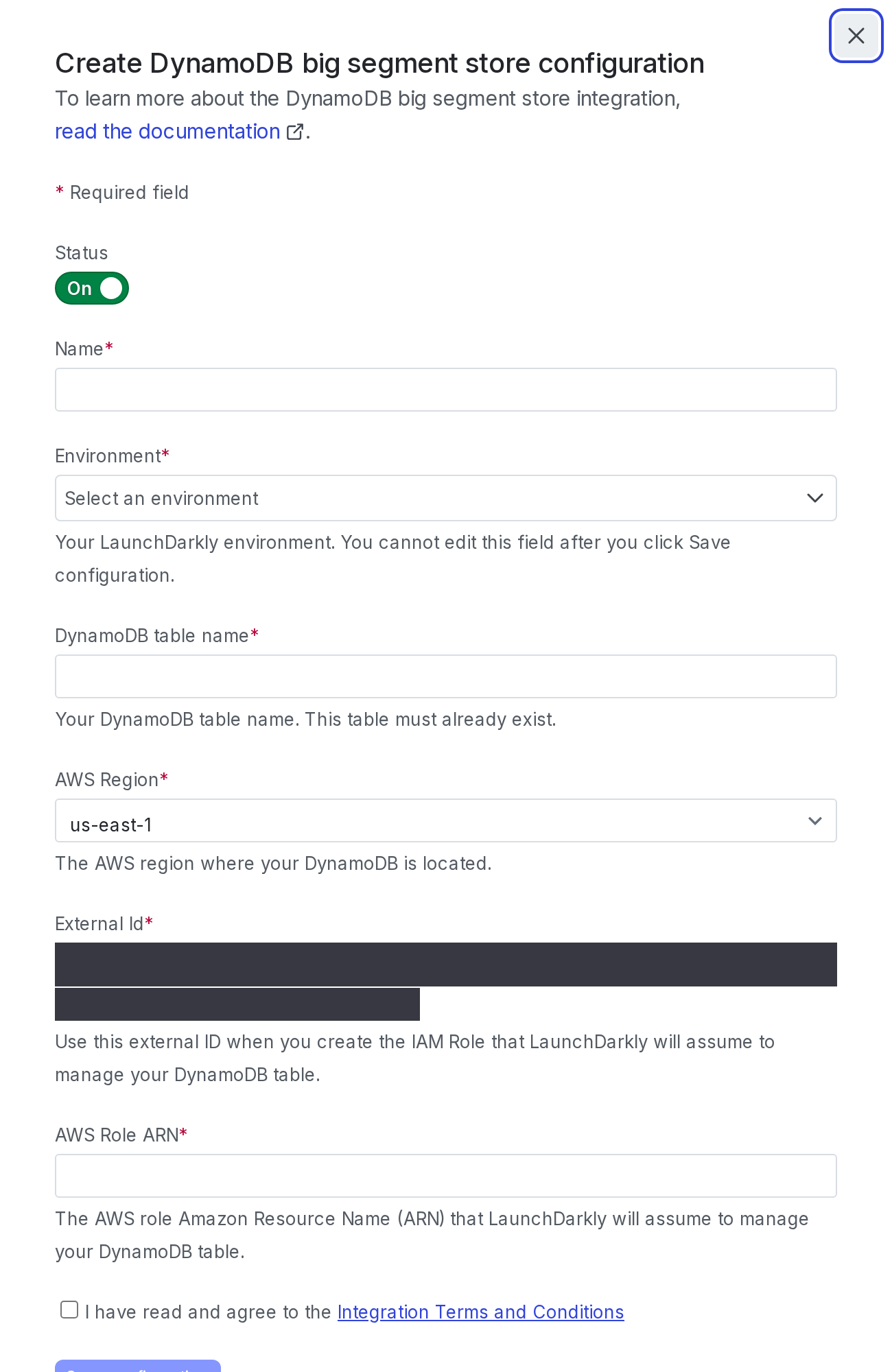The "Create configuration" panel for a DynamoDB integration.