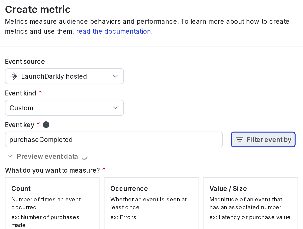 The Create metric panel, with Custom event kind selected and event key entered.