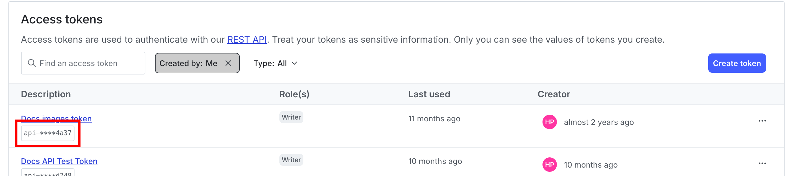 The Access tokens list with an obscured access token called out.