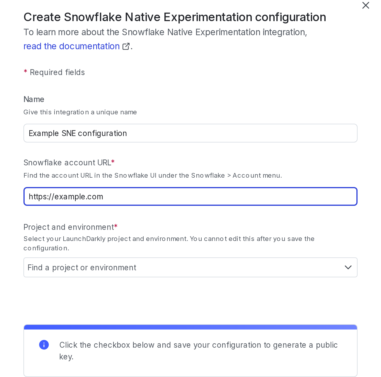 The Snowflake Native Experimentation configuration panel in LaunchDarkly.