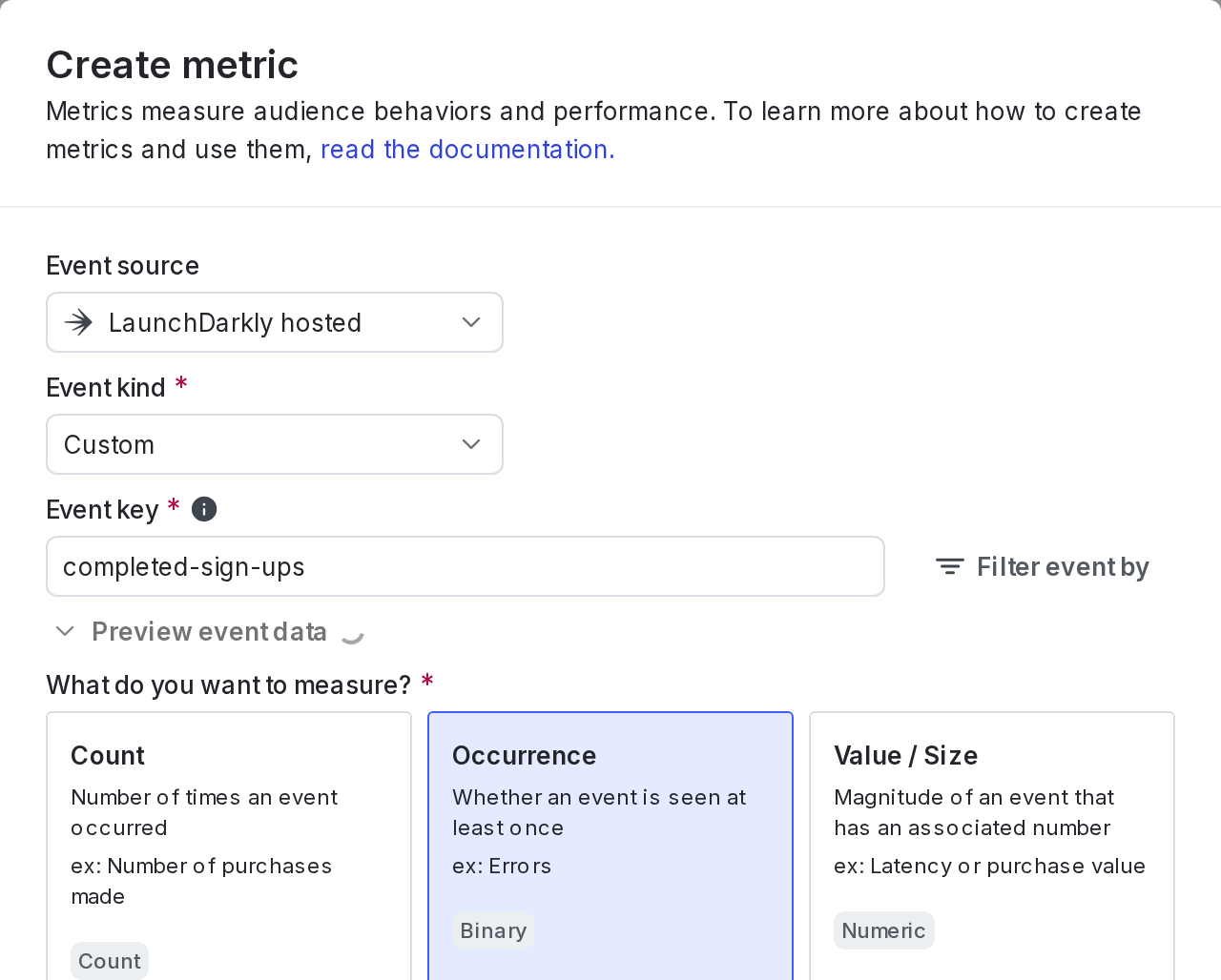 The "Create metric" dialog for a new custom conversion binary metric.