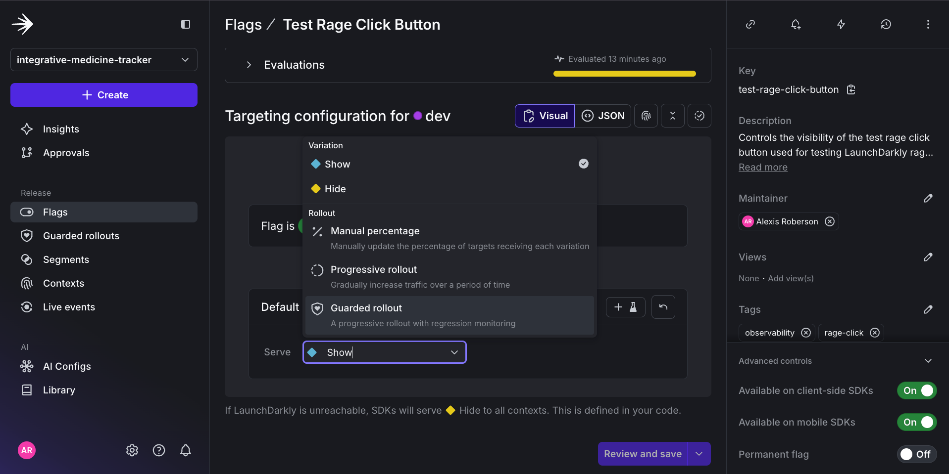 Image of Selecting Guarded rollout as Target Rage Click Button feature flag targeting default rule.