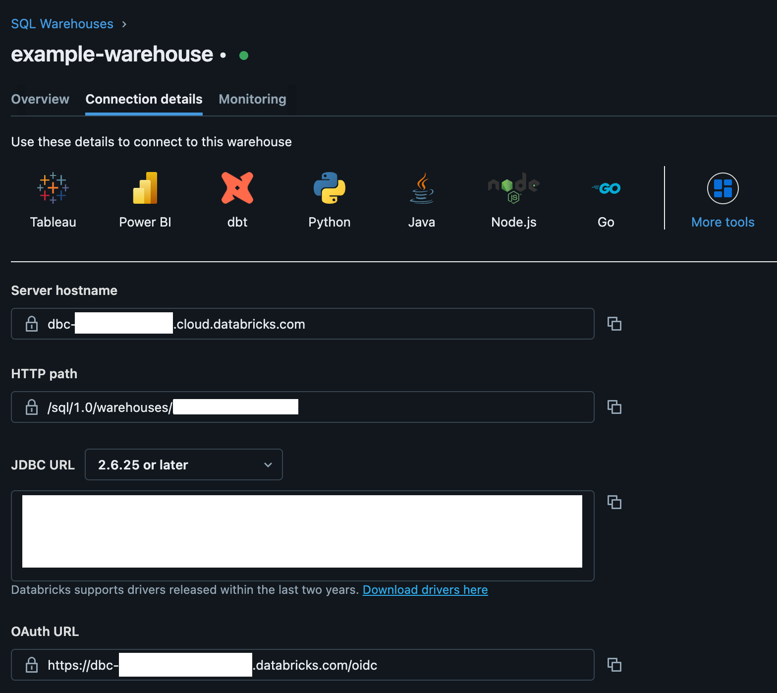 The Databricks connection details tab.