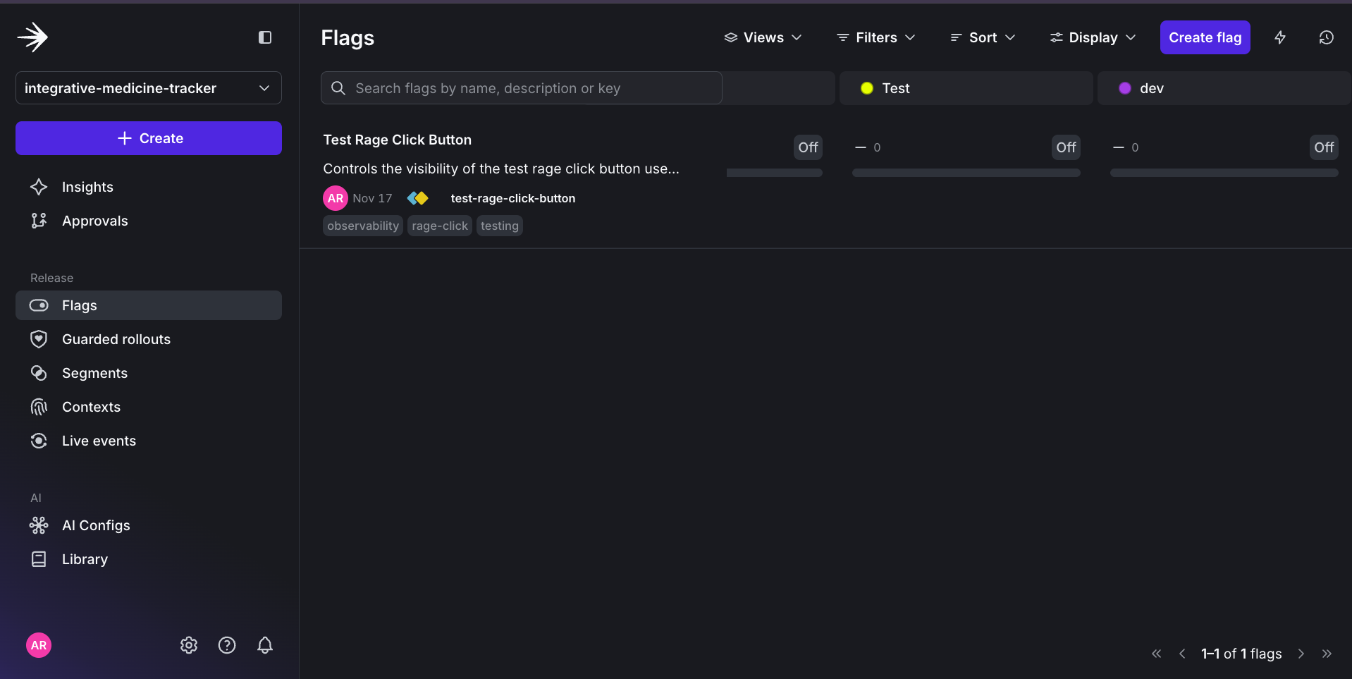 Image of new Target Rage Click Button feature flag in the LaunchDarkly UI.