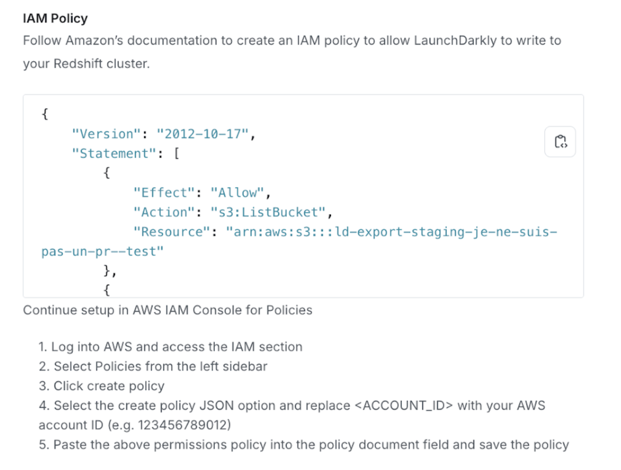 The "IAM role" section of the LaunchDarkly integration panel.