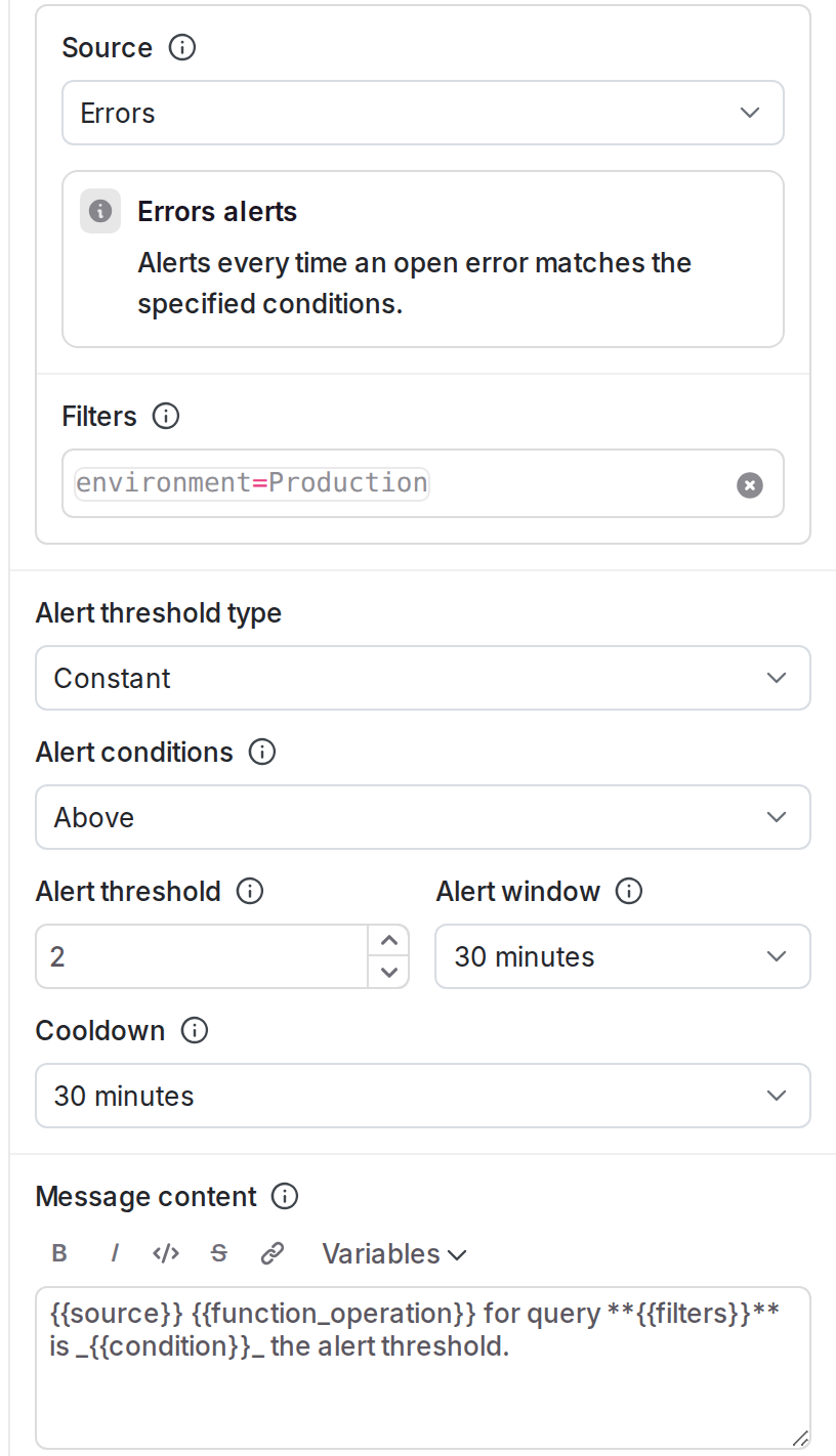 The configuration panel for an alert.