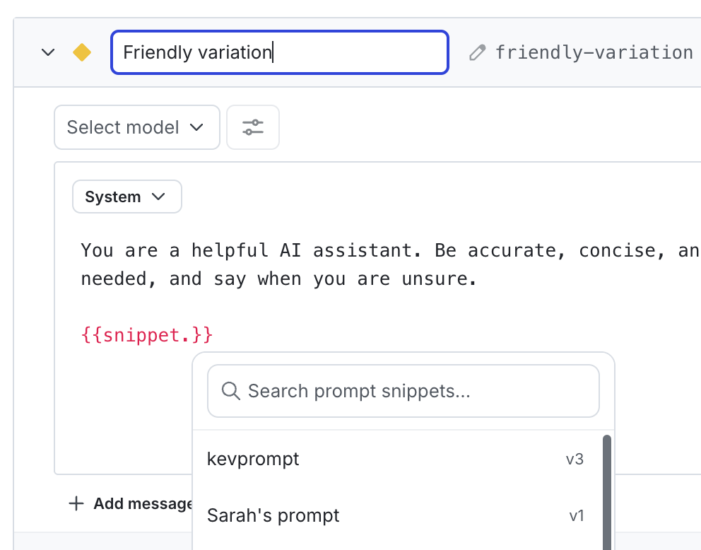 Attaching snippets to a variation in the variation editor.
