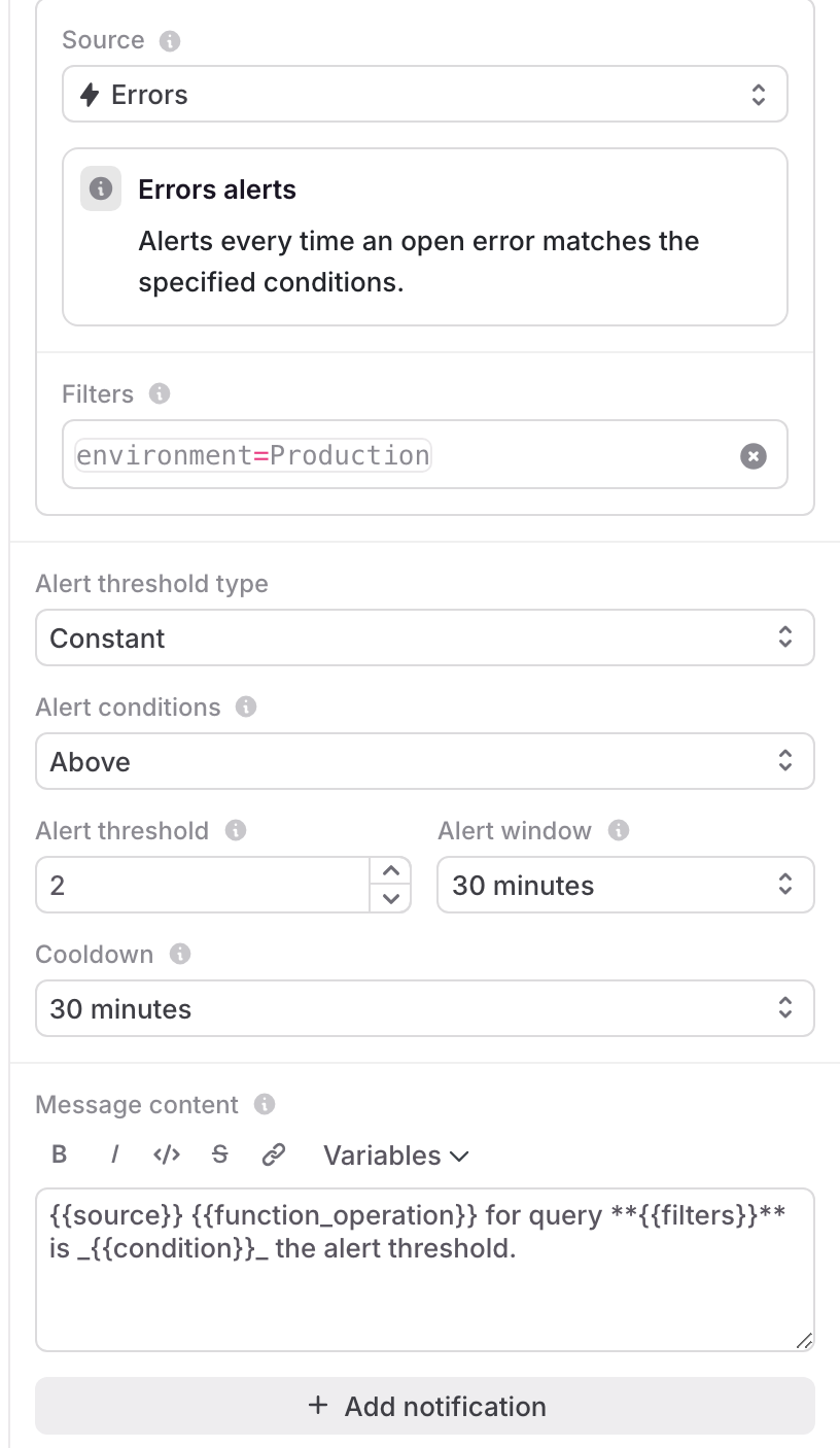 The configuration panel for an alert.