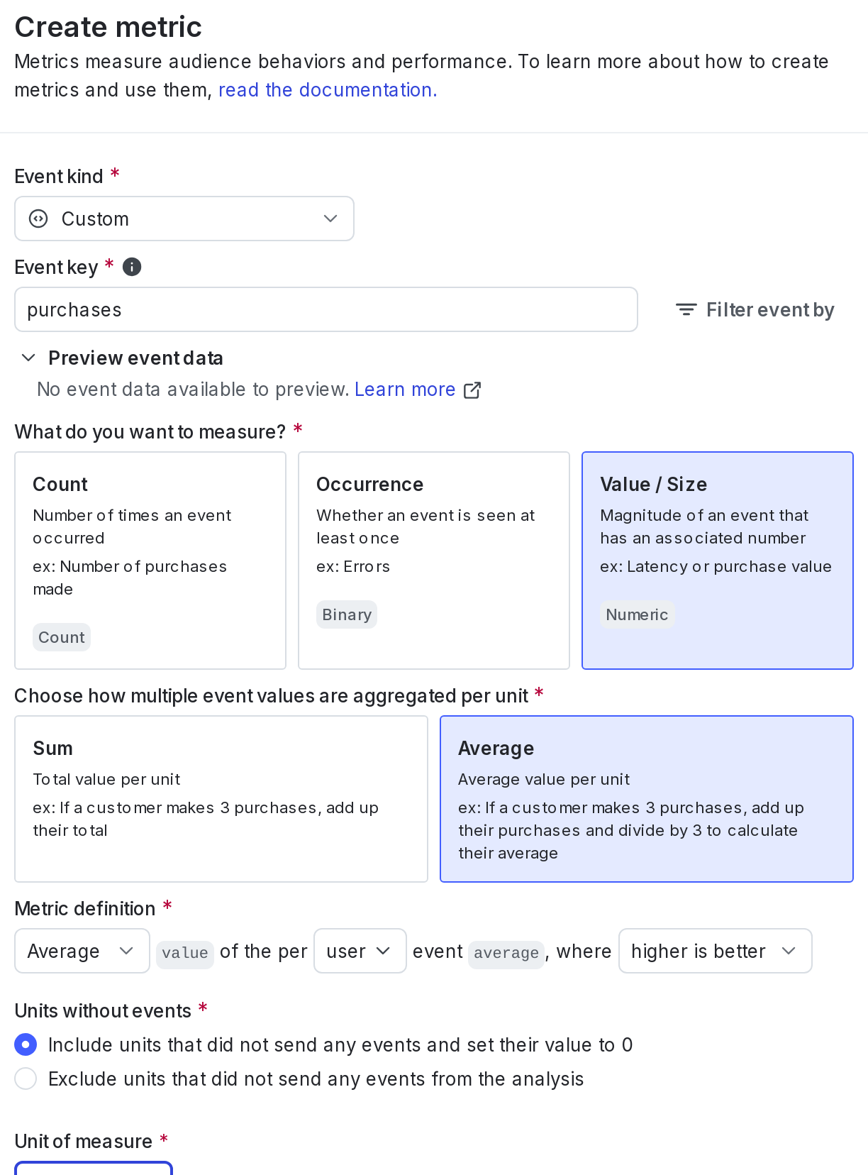 The metric creation dialog.