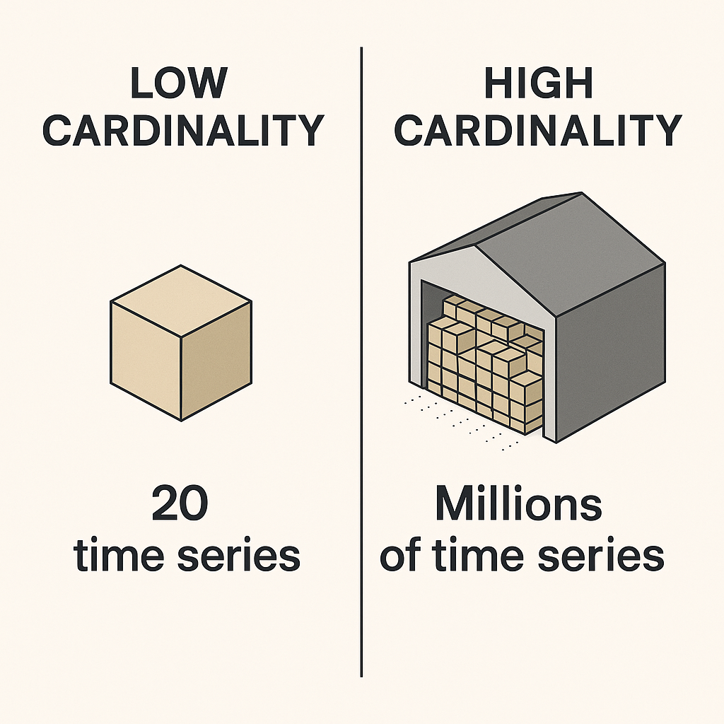 Image of low cardinality vs high cardinality with time series data.