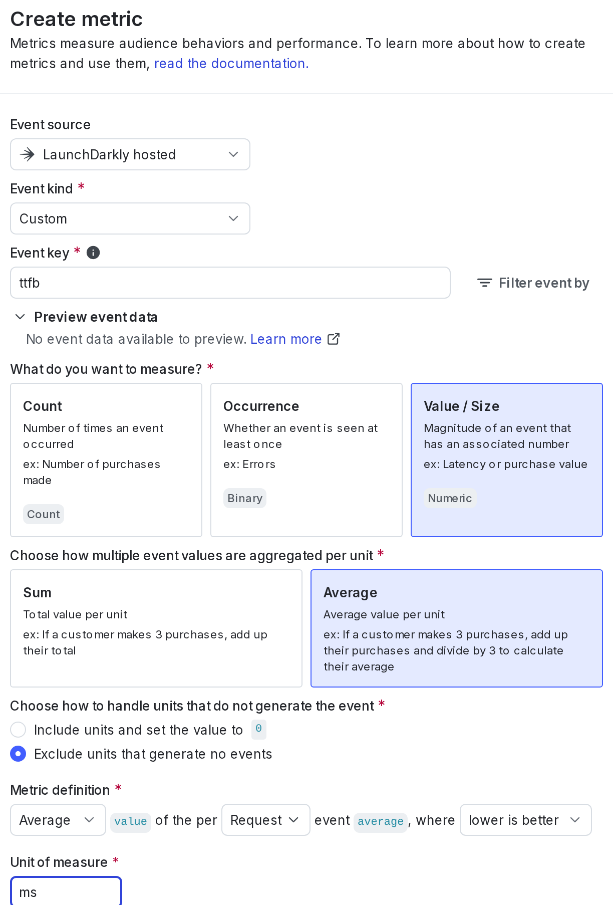 The "Create metric" dialog for a secondary custom numeric metric.