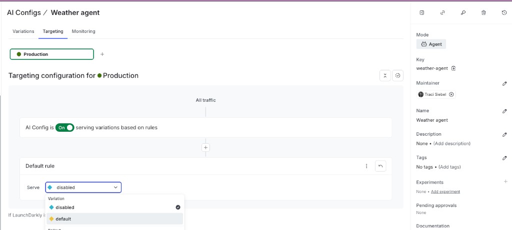 The Targeting tab for an agent-based AI Config, showing the Default rule with the variation dropdown open.