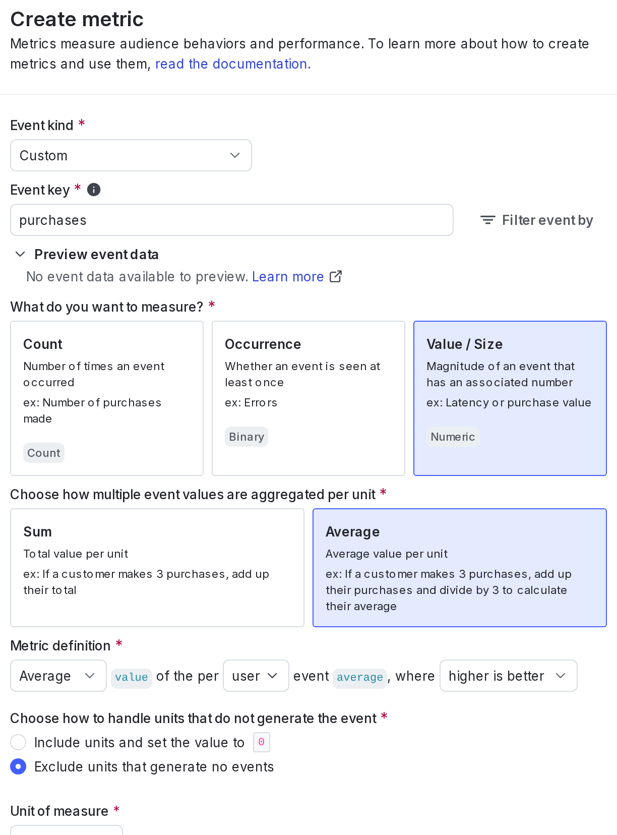 The metric creation dialog.
