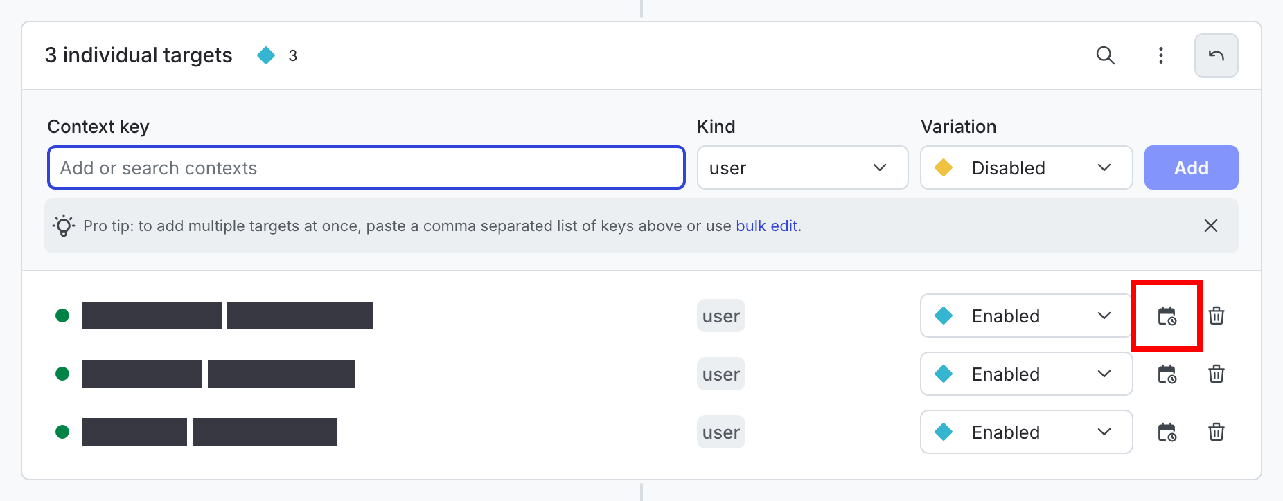 An individual target with the calendar icon called out.