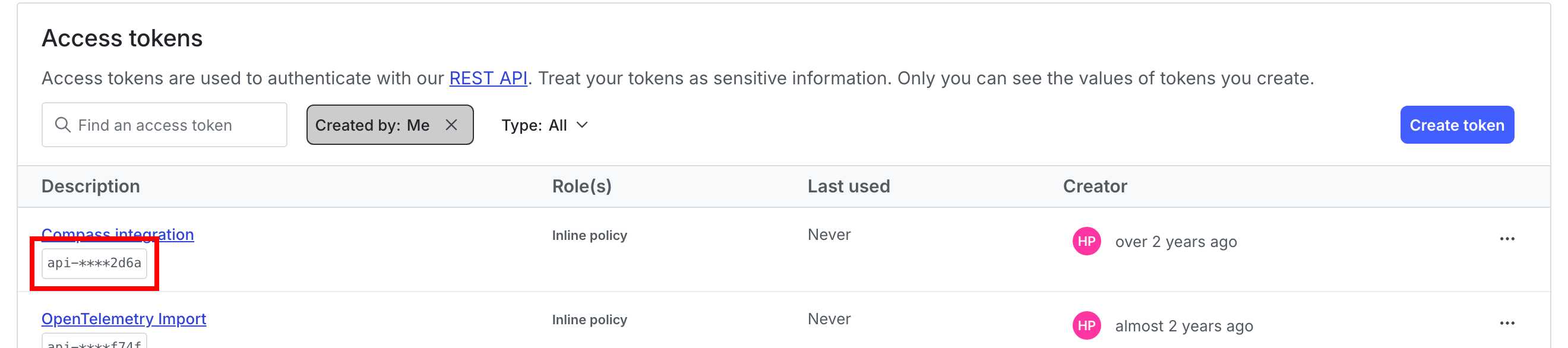 The Access tokens list with an obscured access token called out.