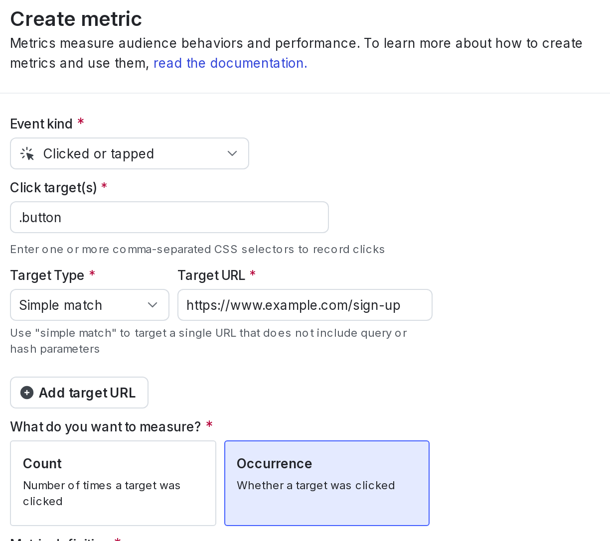 A clicked or tapped metric with a "user" randomization unit.