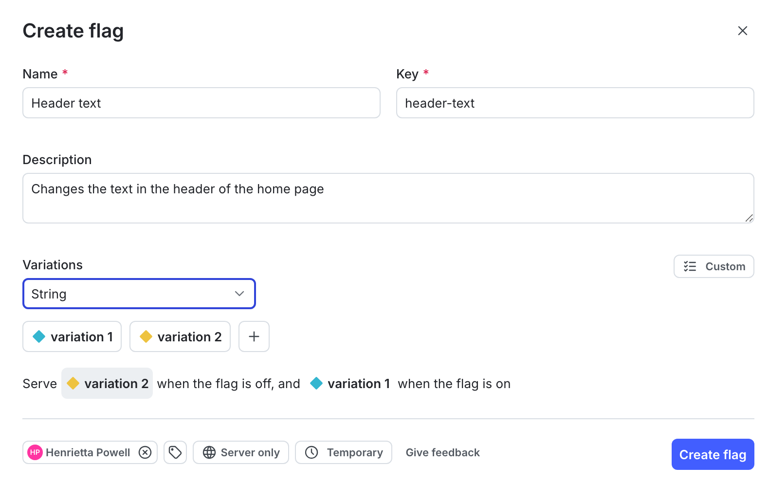 The "Create a feature flag" panel with string flag options chosen.