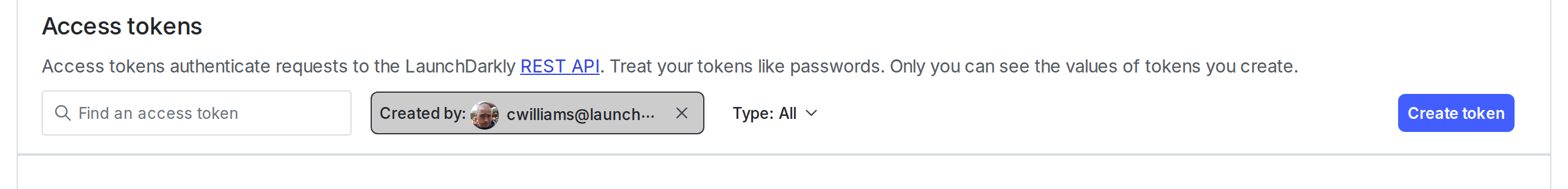The Access tokens section of the Authorization tab.