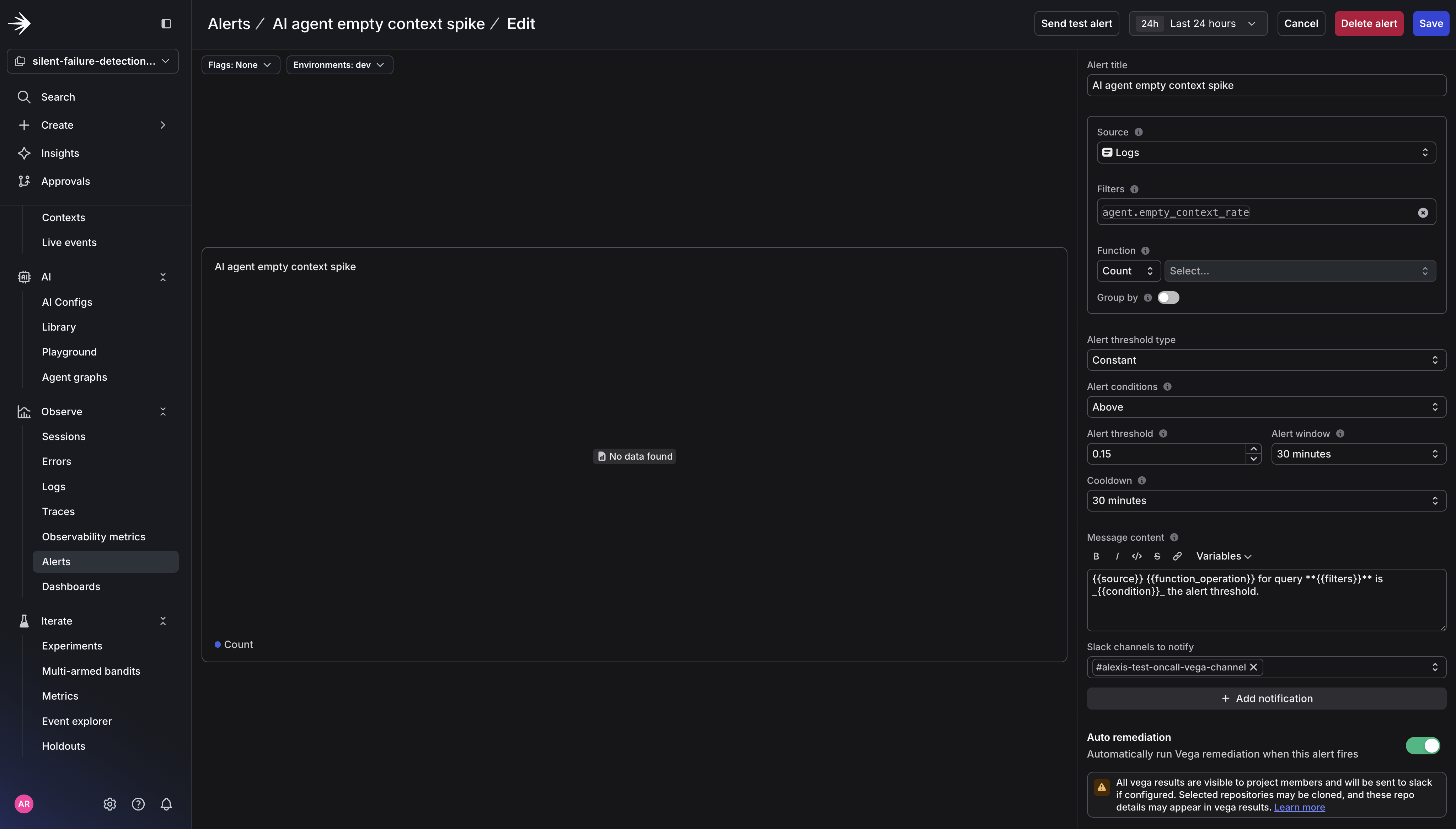Creating a new alert for Vega in LaunchDarkly.