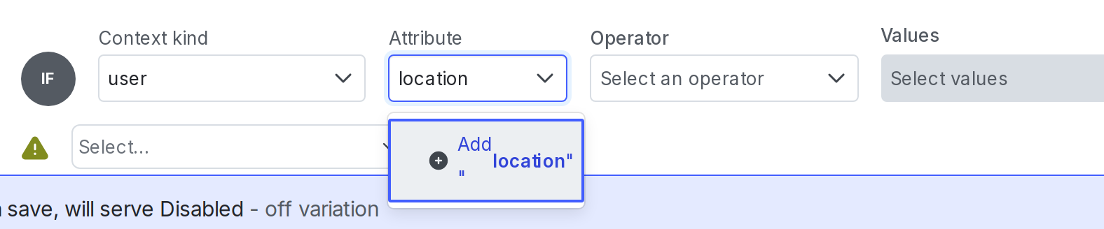 Creating a custom "Location" user context attribute from a flag's "Targeting" tab.