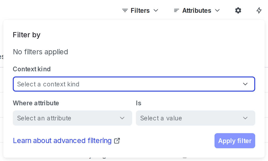 The "Filter by" dialog on the "Contexts" list.