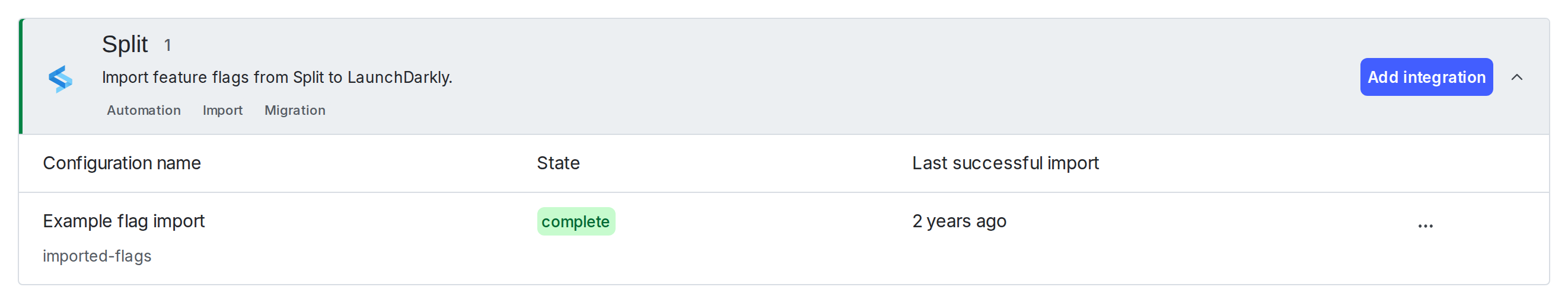 The list of flag import configurations for the Split integration.