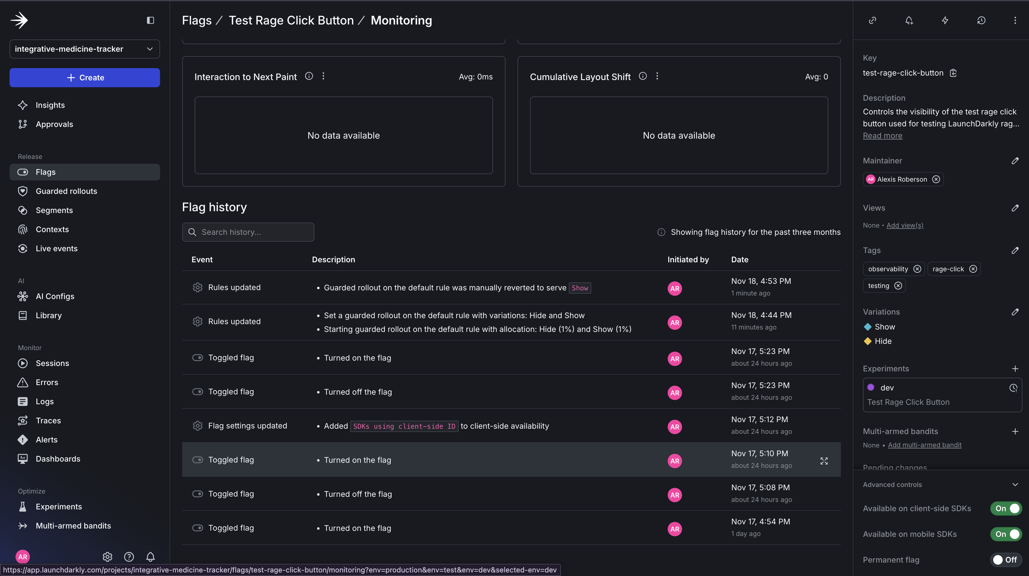 Image of Dashboard with Guarded rollout monitoring tab with flag change history.
