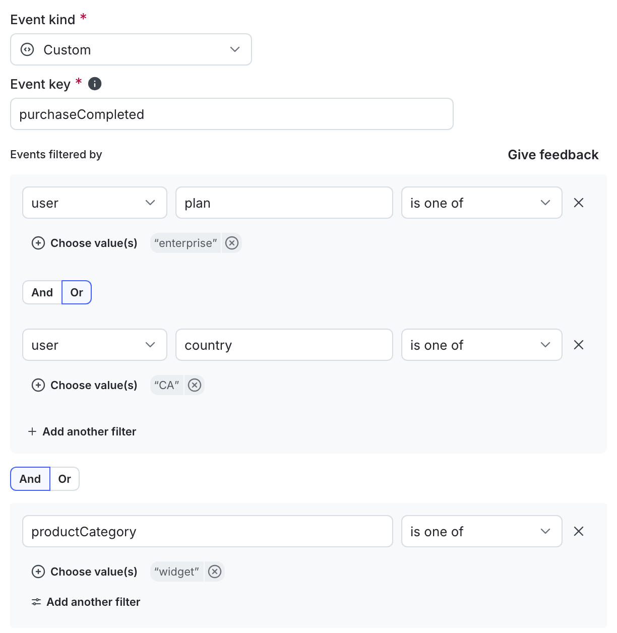 A metric definition that includes only events from contexts of kind user where the plan is enterprise or the country is CA, and the productCategory event property is widget.