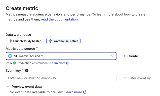 Selecting a data source for a warehouse native metric.