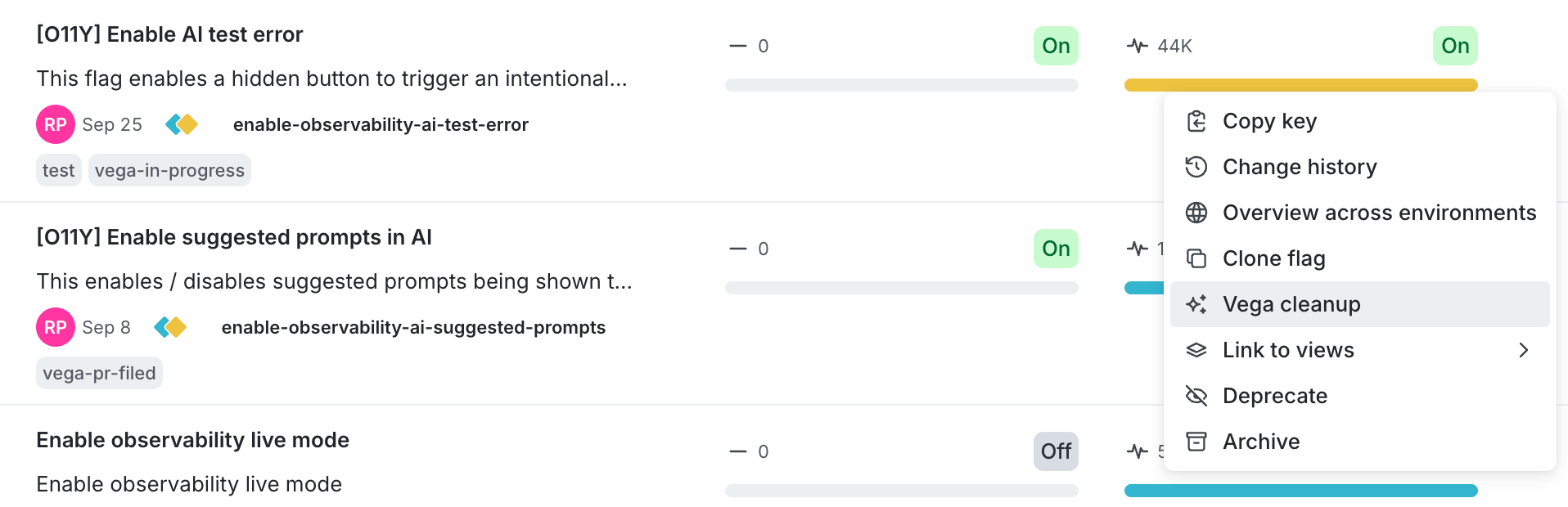 The three-dot overflow menu on a flag, with the Vega cleanup option.