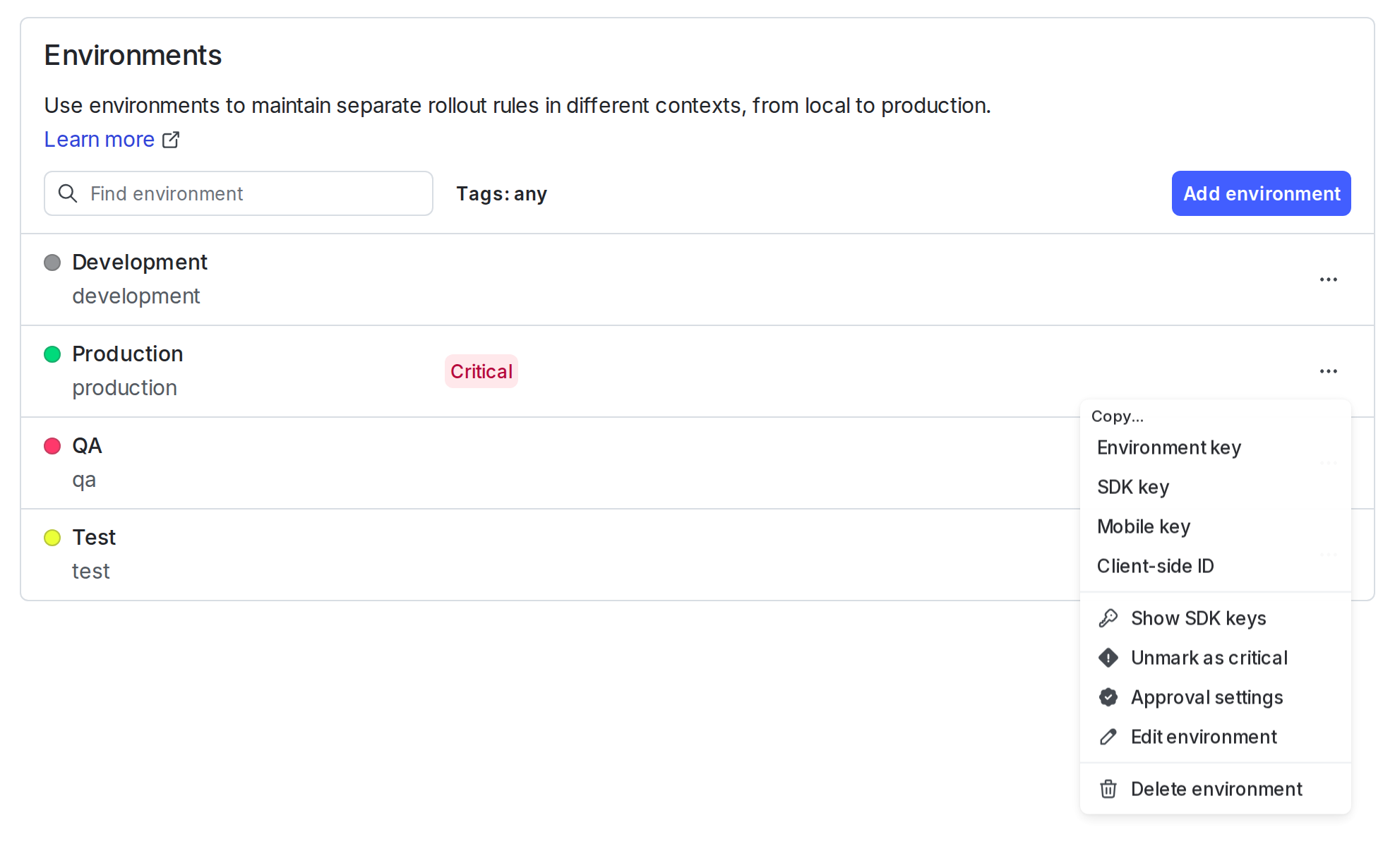 The Environments list with the overflow menu open and the SDK credential options displayed.