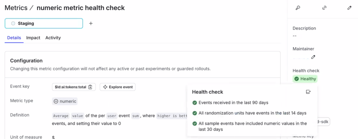 Health check icon on metrics details page.